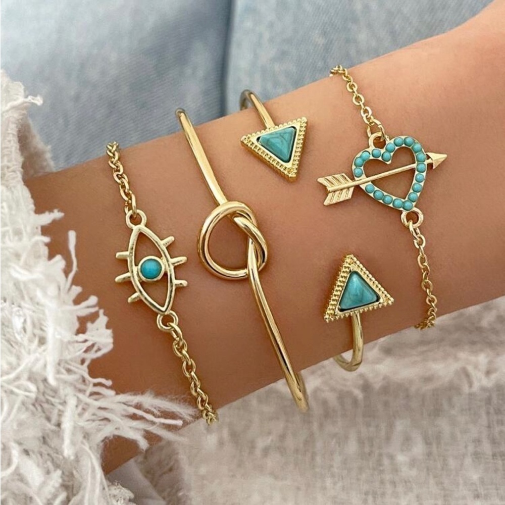 Gold & Turquiose 4pc Evil Eye Heart Chain Bracelet